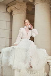 Naomi Plunge Neck Long Sleeves Ruffled Princess Dress